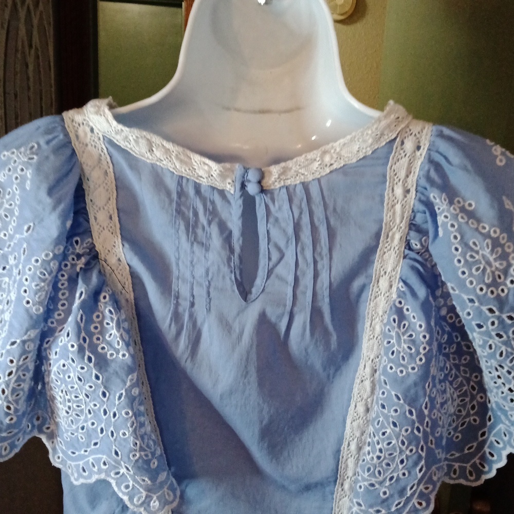 ANTHROPOLOGIE So Cute Lace Trim Blue Ruffle Flutter Sleeved With Lace Top Sz 2 - Picture 6 of 10